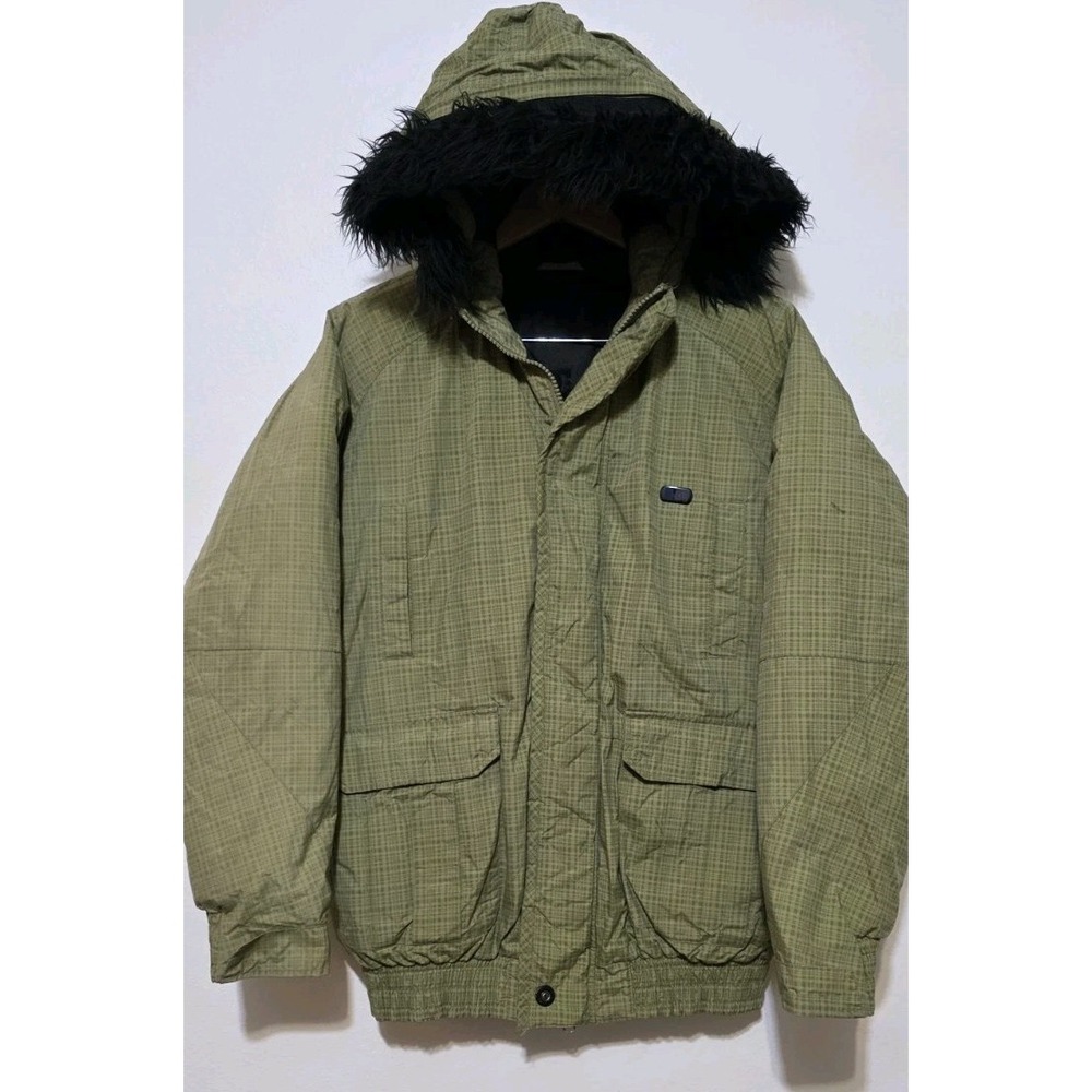 DC Shoes Full Zip Fur Hooded Olive Green Plaid Snowboarding Jacket Ski Winter S